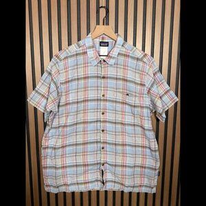 Patagonia Shirt Large Mens Blue Red Short Sleeve Button Down Cotton Plaid
